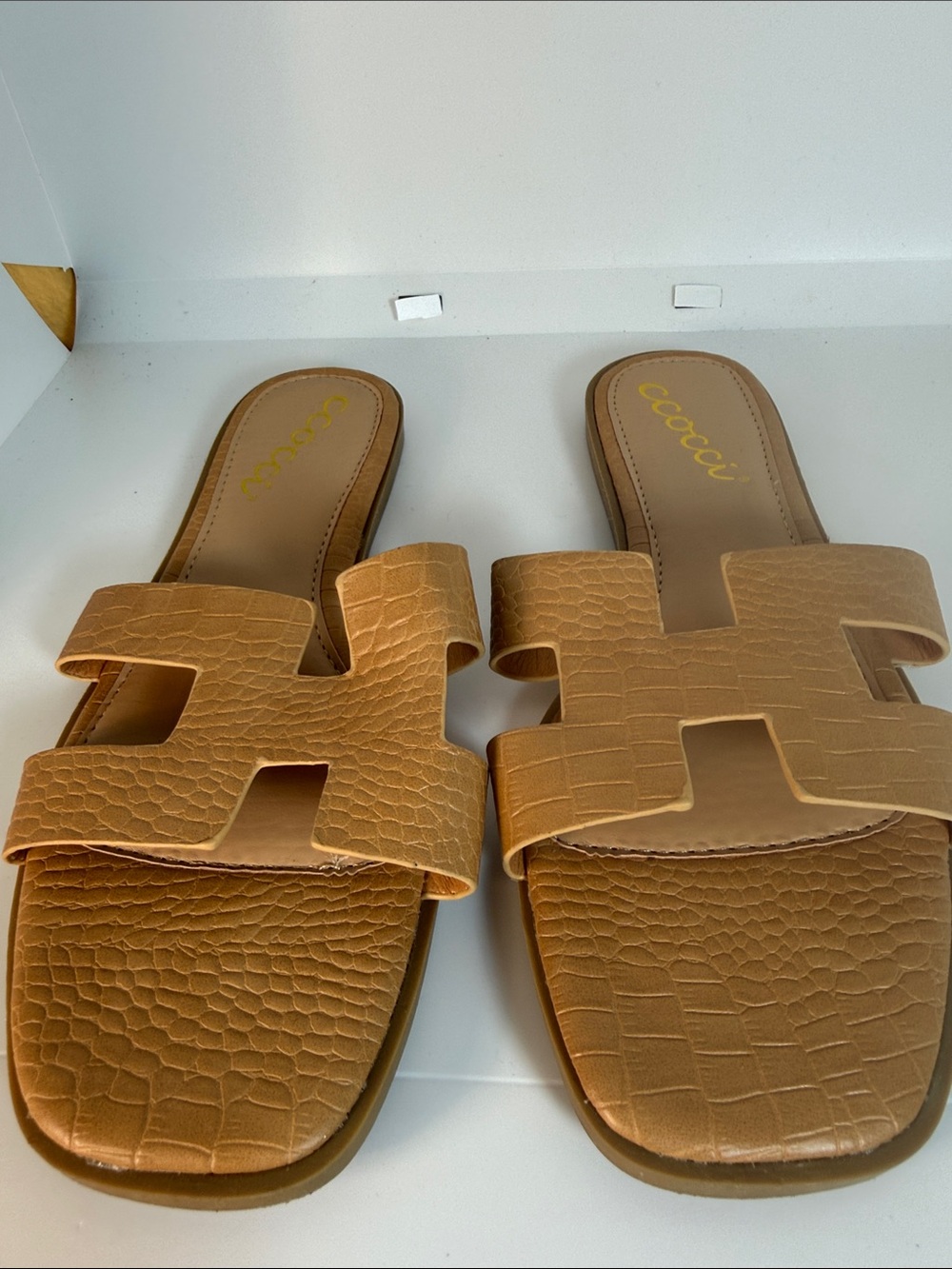 Tan Croc-Embossed Slide Sandals